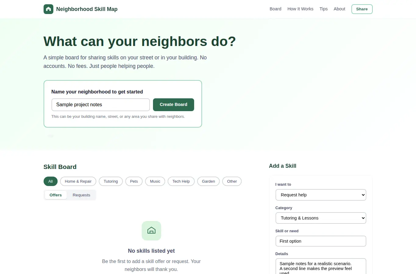 Screenshot of Neighborhood Skill Map interface showing the project page in use